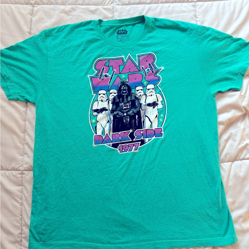 Vintage Retro Style Star Wars Graphic Tee T Shirt 1977 Teal Darth Vader
